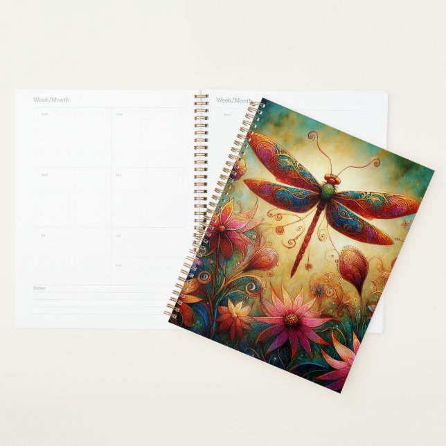 Whimsical Dragonfly Floral Abstract Art Teal Pink Planner (Display)