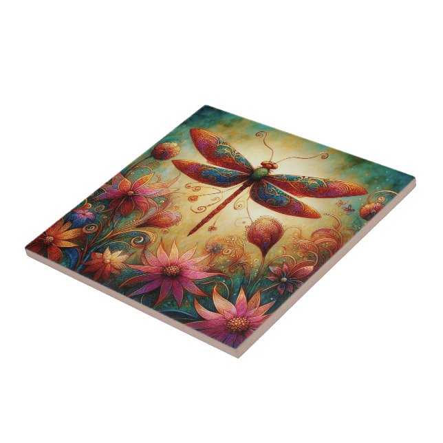 Whimsical Dragonfly Floral Abstract Art Teal Pink Tile (Side)