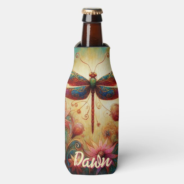 Whimsical Dragonfly Floral Abstract Personalized Bottle Cooler (Bottle Front)