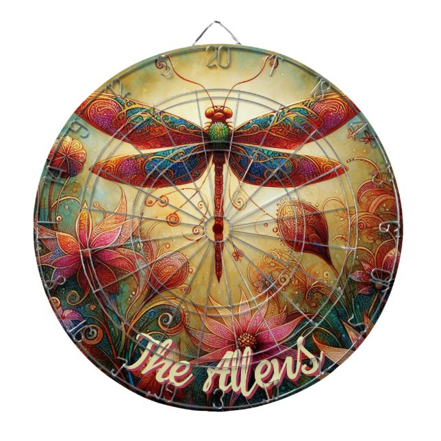 Whimsical Dragonfly Floral Abstract Personalized Dartboard (Front)