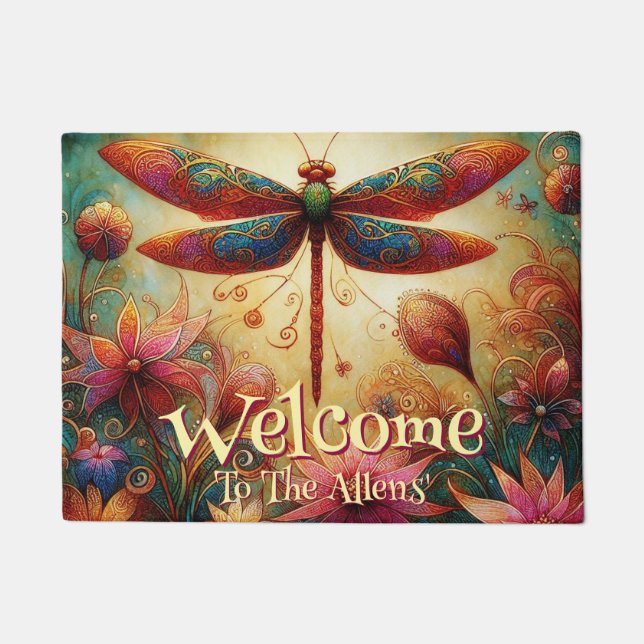Whimsical Dragonfly Floral Abstract Personalized Doormat (Front)