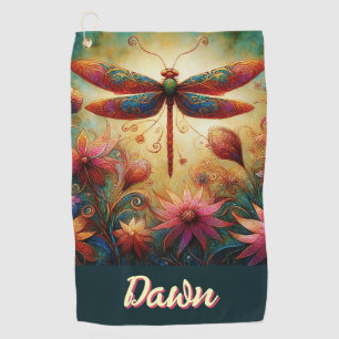 Whimsical Dragonfly Floral Abstract Personalized Golf Towel