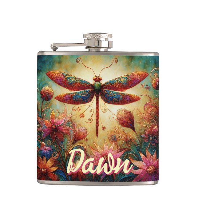 Whimsical Dragonfly Floral Abstract Personalized Hip Flask (Front)