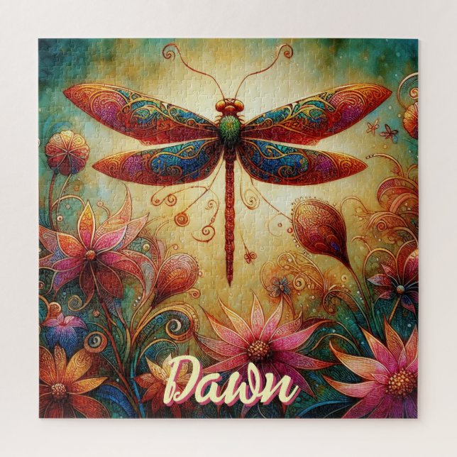 Whimsical Dragonfly Floral Abstract Personalized Jigsaw Puzzle (Vertical)