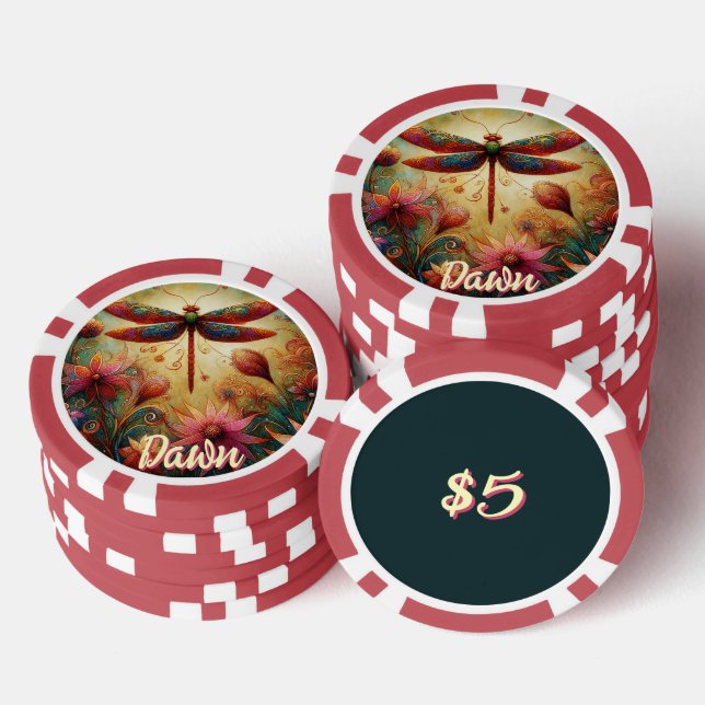 Whimsical Dragonfly Floral Abstract Personalized Poker Chips (Stack)