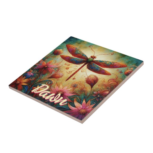 Whimsical Dragonfly Floral Abstract Personalized Tile (Side)