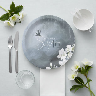 Whimsical Dragonfly Floral Sweet 16 Blue ID1310 Paper Plate