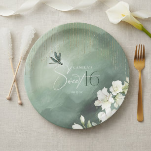 Whimsical Dragonfly Floral Sweet 16 ID1310 Paper Plate