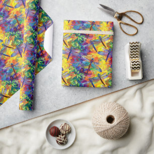 Whimsical Dragonfly Pattern with Vibrant Backgroun Wrapping Paper