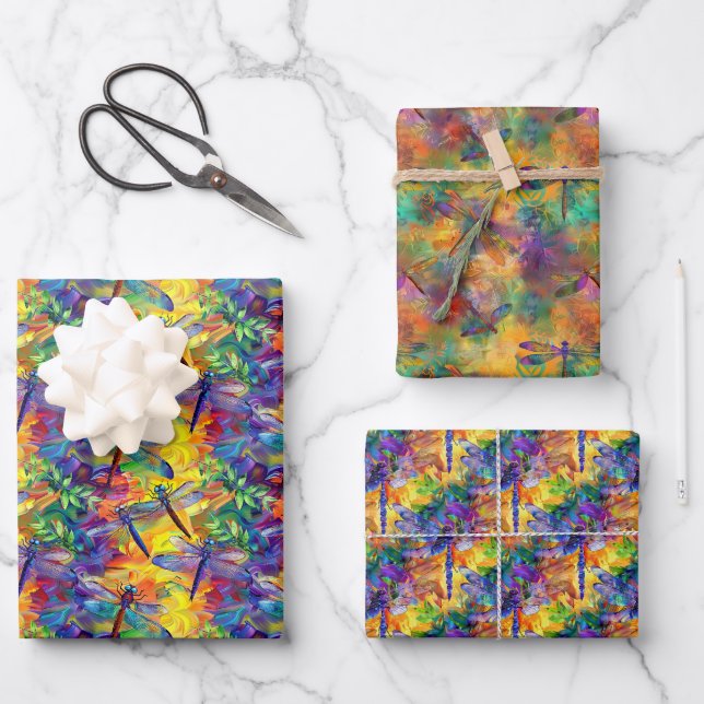 Whimsical Dragonfly Pattern with Vibrant Backgroun Wrapping Paper Sheet (Front)