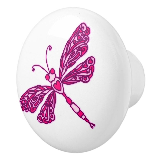 Whimsical dragonfly pink inked art doorknob ceramic knob (Right)