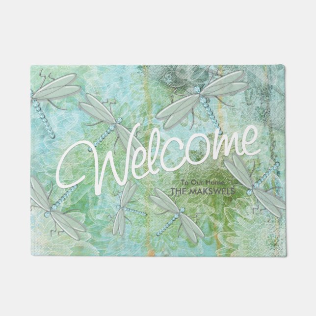 Whimsical Dragonfly Welcome Door Mat (Front)
