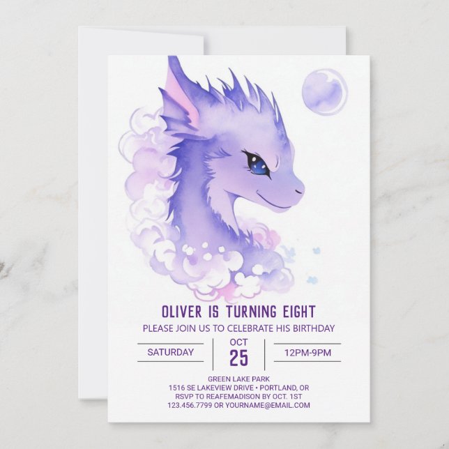 Whimsical Dragon's Enchanted Birthday Invitation (Front)