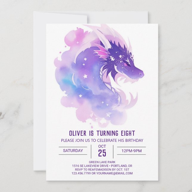 Whimsical Dragon's Enchanted Birthday Invitation (Front)