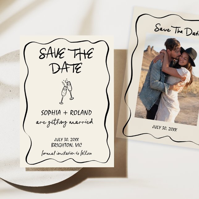 Whimsical Drawn Glasses Wedding save The Date Card (Whimsical Hand Drawn illustration Save The Date Card, Couples Photo, Champagne Glasses Illustration)
