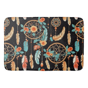Whimsical dreamcatchers boho floral black teal bath mat