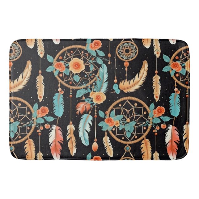 Whimsical dreamcatchers boho floral black teal bath mat (Front)
