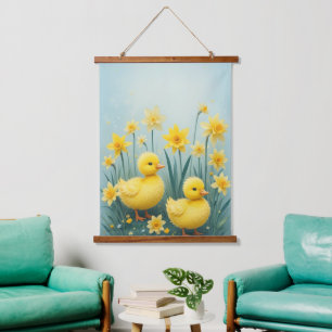 Whimsical Duckling Duo with Daffodils  Hanging Tapestry