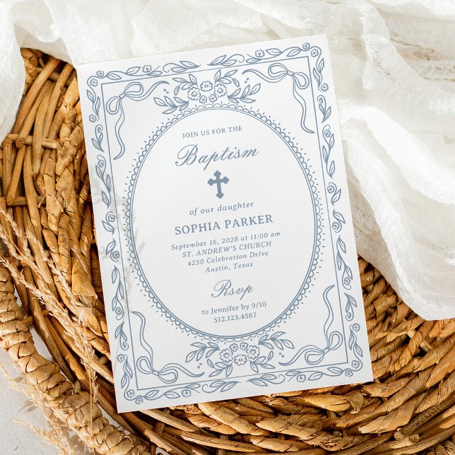 Whimsical Dusty Blue Coquette Frame | Baptism Invitation (Creator Uploaded)