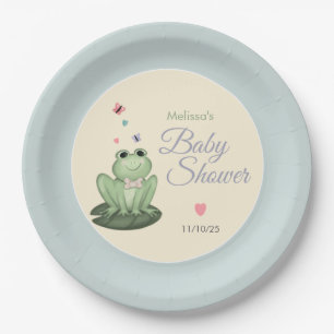 Whimsical Dusty Blue Frog Baby Boy Shower Paper Plate