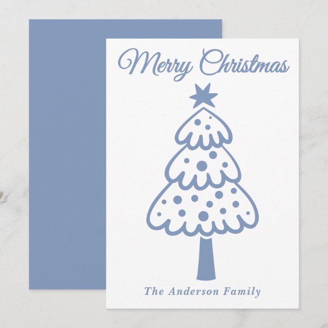Whimsical Dusty Blue Hand Drawn Christmas Tree Holiday Card (Front/Back)