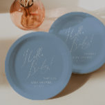 Whimsical Dusty Blue Hello Baby! Baby Shower Paper Plate<br><div class="desc">Introducing our whimsical dusty blue hello baby! baby shower paper plates, perfect for your simple modern boho spring or winter celebration! This napkin has a boho-chic vibe with elegant calligraphy and a minimalist white-on-blue design, making it ideal for boys. Plus, it's editable, so you can add your own classy, whimsical...</div>