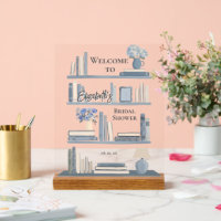 Whimsical Dusty Blue Library Bookshelf Welcome