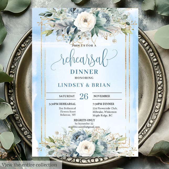 Whimsical Dusty Blue Peony Rehearsal Dinner Card (Whimsical Dusty Blue Peony Rehearsal Dinner Card)