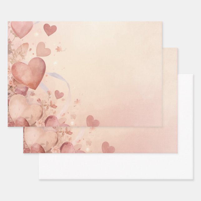 Whimsical Dusty Rose Heart Cascade Abstract Wrapping Paper Sheet (Set)
