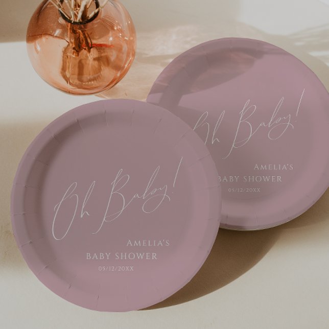 Whimsical Dusty Rose Oh Baby! Baby Shower Paper Plate (Creator Uploaded)