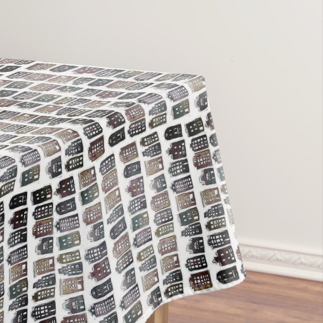 Whimsical Dutch Houses Amsterdam Quirky Neutral Tablecloth (In Situ)