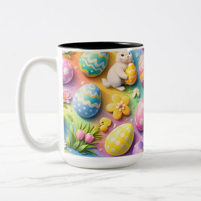 Whimsical Easter bunny and colorful egg pattern c Two-Tone Coffee Mug (Left)