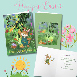 Whimsical Easter Bunny Chicken Custom Message Holiday Card