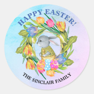 Whimsical Easter Bunny Eggs Tulips Classic Round Sticker