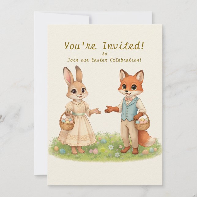 Whimsical Easter Bunny & Fox Party Invitation (Front)