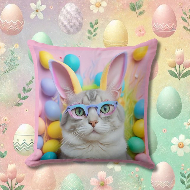 Whimsical Easter Cat with Bunny Ears Throw Pillow (Creator Uploaded)