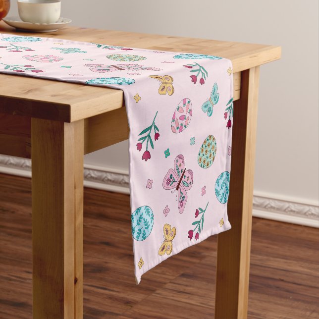 Whimsical Easter Egg, Butterfly & Floral  Short Table Runner (In Situ)