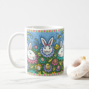 WHIMSICAL EASTER EGG GARDEN, BUNNY RABBIT FLOWERS COFFEE MUG
