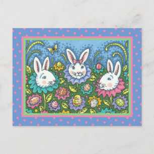 WHIMSICAL EASTER EGG GARDEN, BUNNY RABBIT FLOWERS HOLIDAY POSTCARD