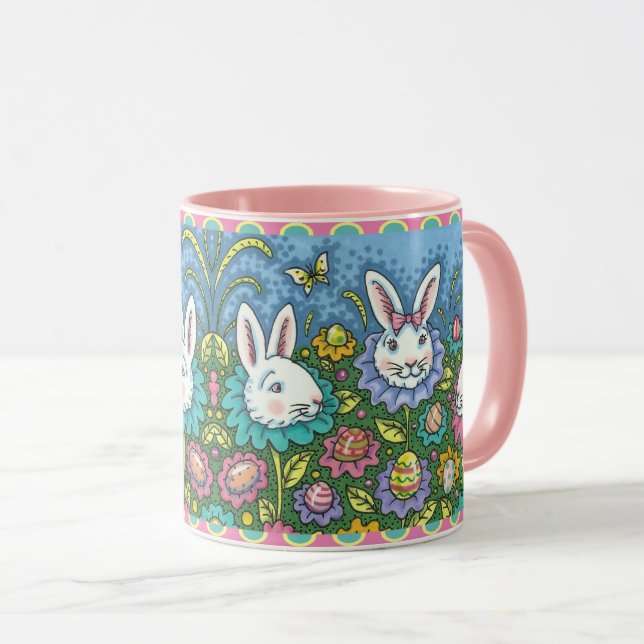 WHIMSICAL EASTER EGG GARDEN, BUNNY RABBIT FLOWERS MUG (Front Right)