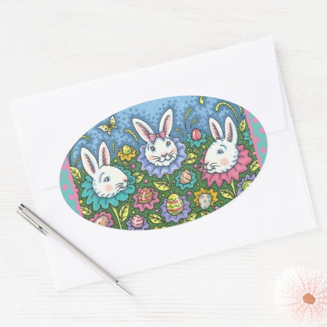 WHIMSICAL EASTER EGG GARDEN, BUNNY RABBIT FLOWERS  OVAL STICKER (Envelope)