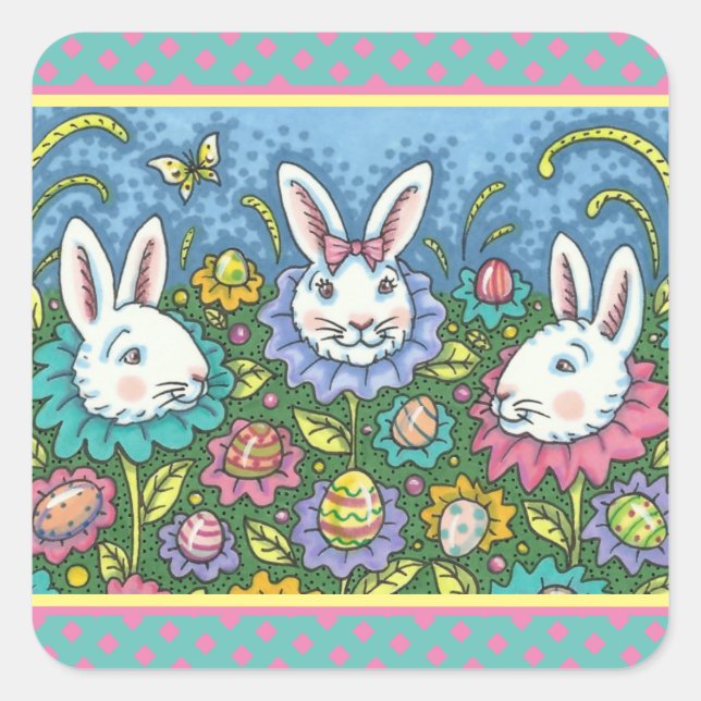 WHIMSICAL EASTER EGG GARDEN, BUNNY RABBIT FLOWERS SQUARE STICKER (Front)