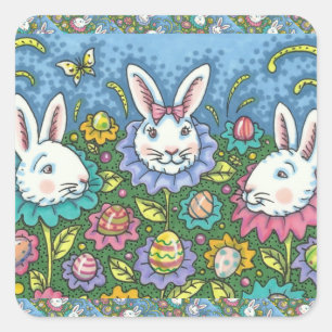 WHIMSICAL EASTER EGG GARDEN, BUNNY RABBIT FLOWERS SQUARE STICKER