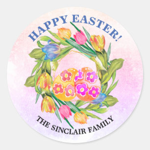 Whimsical Easter Eggs and Tulips Classic Round Sticker
