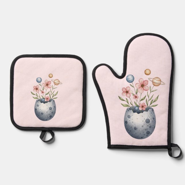 Whimsical Easter floral  Oven Mitt & Pot Holder Set (Front)