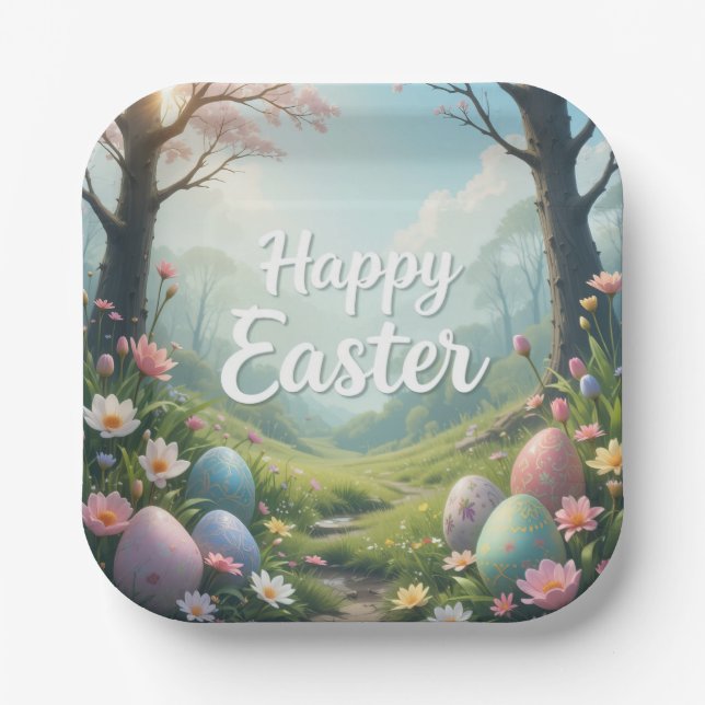 Whimsical Easter Forest Scene Happy Easter  Paper Plate (Front)