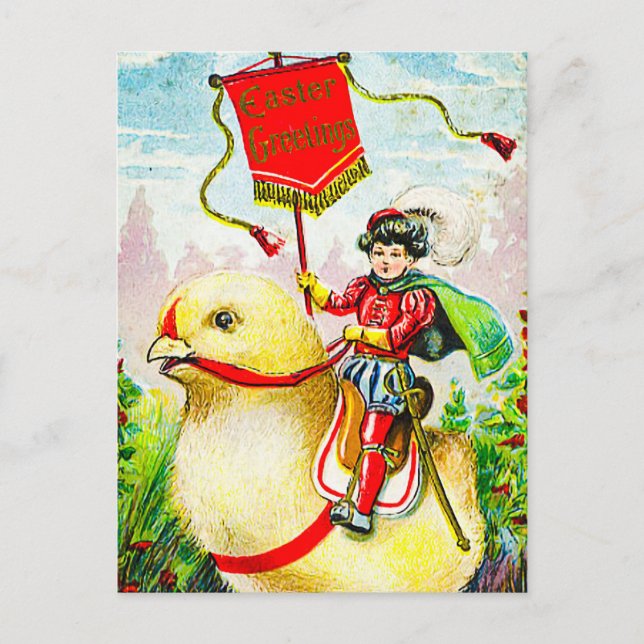 Whimsical Easter Greetings: Rider on Giant Chick Holiday Postcard (Front)