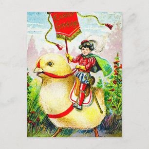 Whimsical Easter Greetings: Rider on Giant Chick Postcard