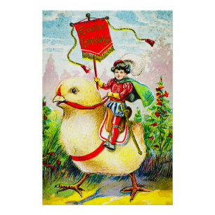 Whimsical Easter Greetings: Rider on Giant Chick Poster