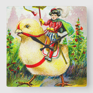 Whimsical Easter Greetings: Rider on Giant Chick Square Wall Clock